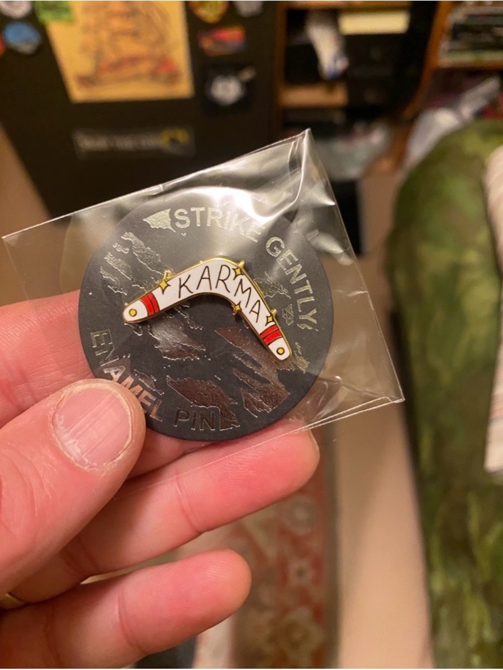 Brand New in Packaging Strike Gently Karma Boomerang Enamel Pin